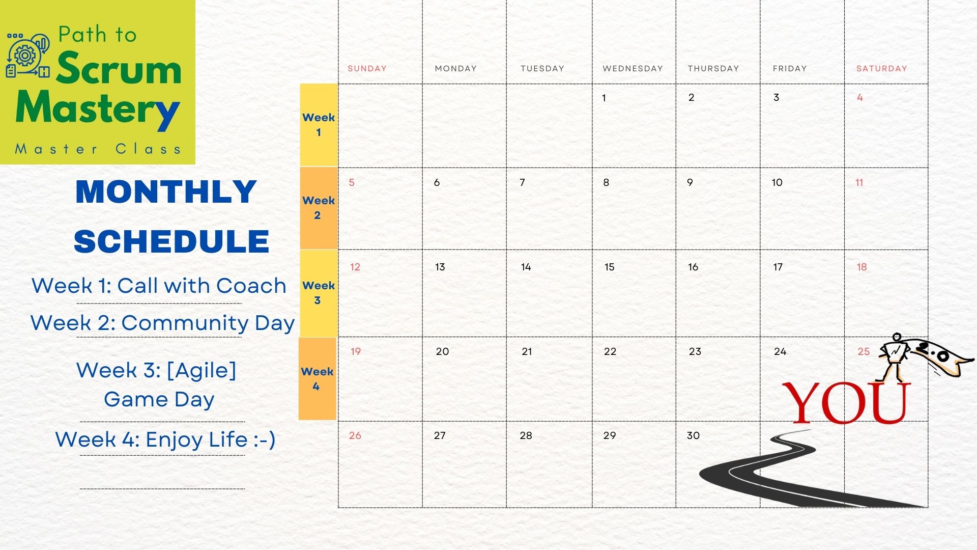 Typical Monthly schedule, calendar for Path to Scrum Mastery